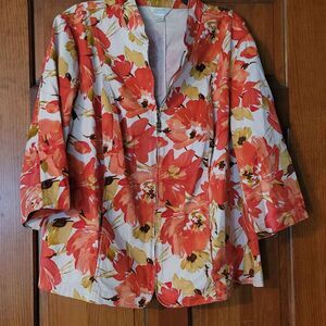 Women's Size 1X CJ Banks Floral 3/4 Sleeve Jacket Coral Flowers
